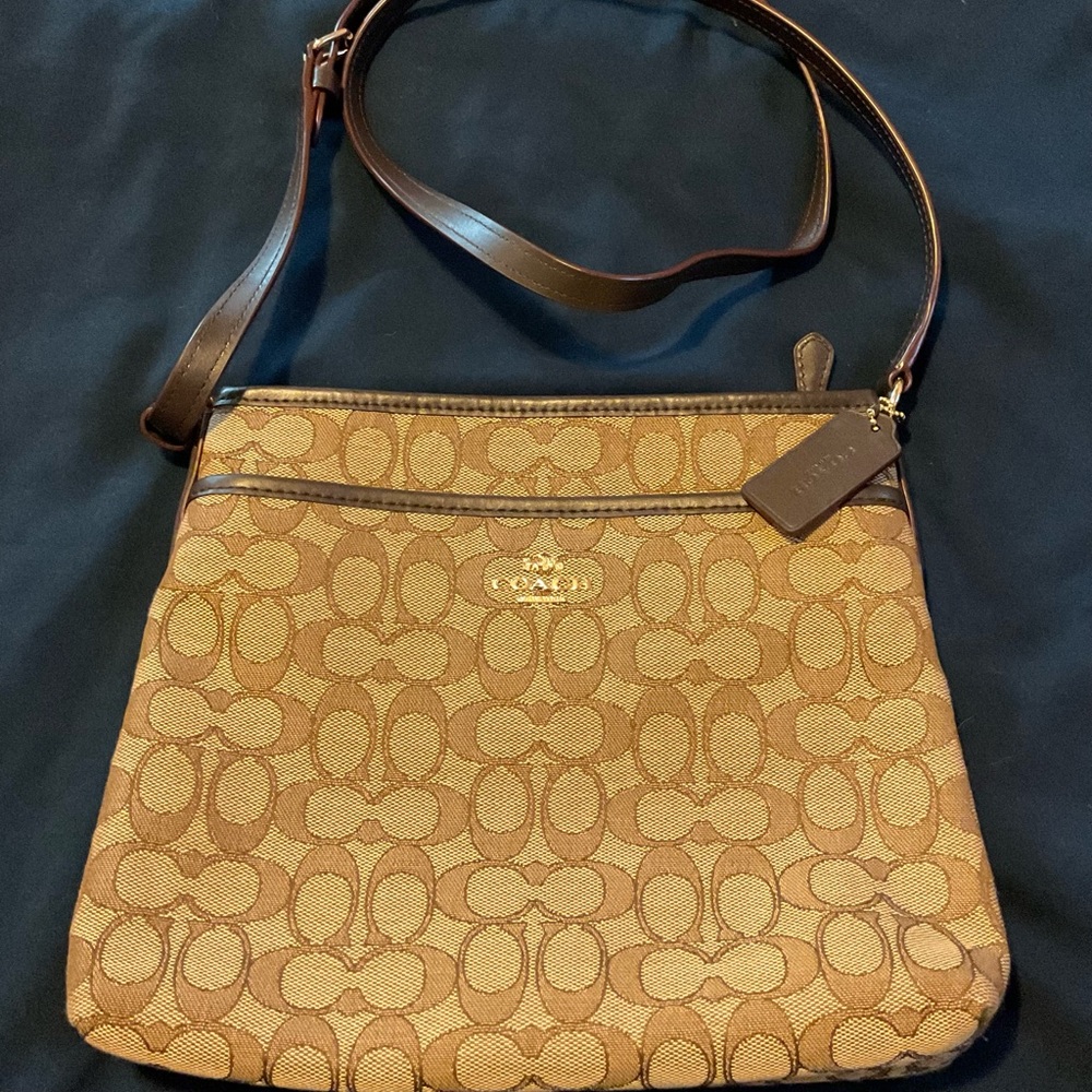 Coach crossbody in tan with brown trim